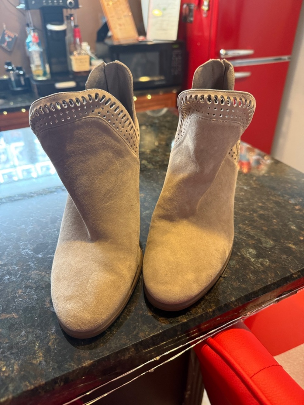 Vince Camuto Taupe Suede Ankle Booties with Laser-Cut Trim